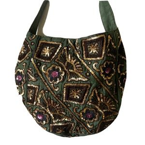 NWOT Phyllis Leibowitz Sequin Boho Small Drawstring Bag Green Gold $349 a26